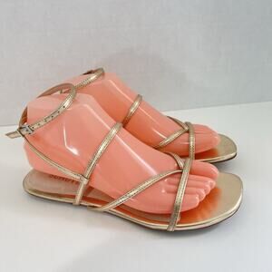 SCHUTZ Gold Metallic Leather Strappy Sandals Size 7.5 Flat Tie Up Ankle